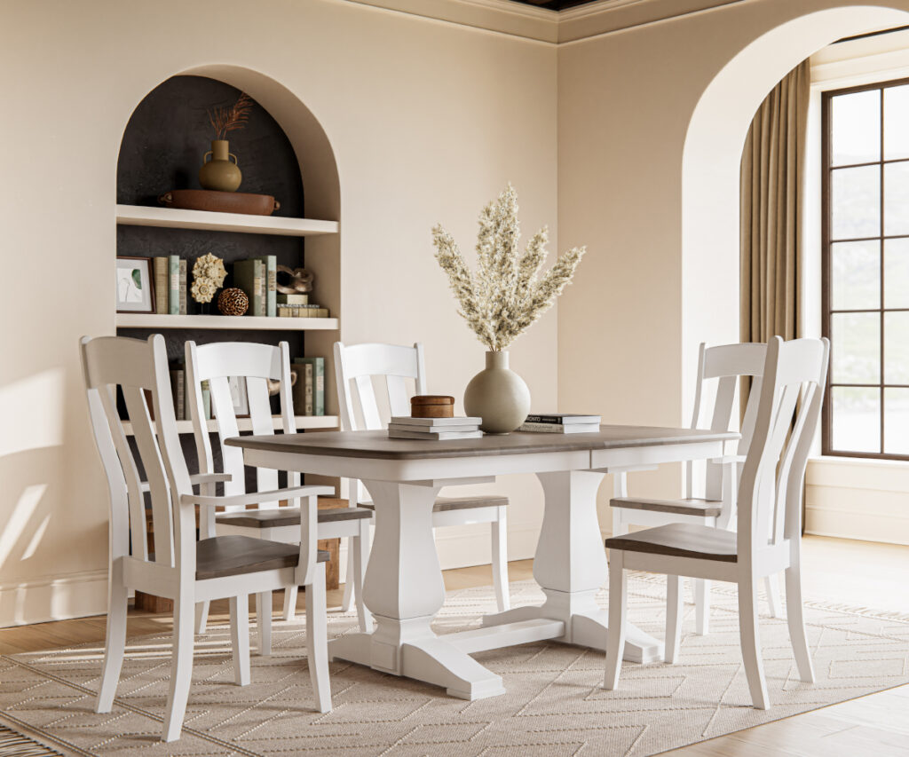 White and wood dining set showcasing timeless Amish furniture craftsmanship.