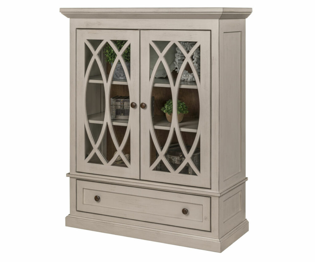 Painted oak display cabinet with glass doors and lattice mullions in light gray.