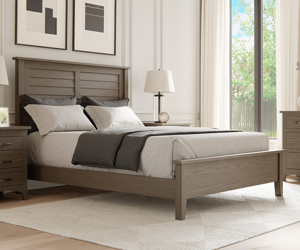 Modern oak panel bed with nightstands in light gray-brown stain, airy bedroom.