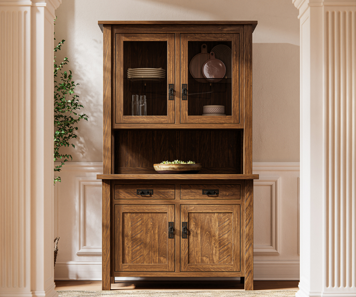 Heirloom solid wood hutch cabinet with glass doors and storage drawers.