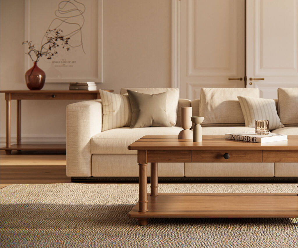 Solid wood coffee table and console highlighting Amish furniture craftsmanship.