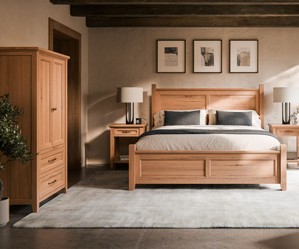 Bright white oak bedroom set with panel bed, nightstands, and wardrobe.