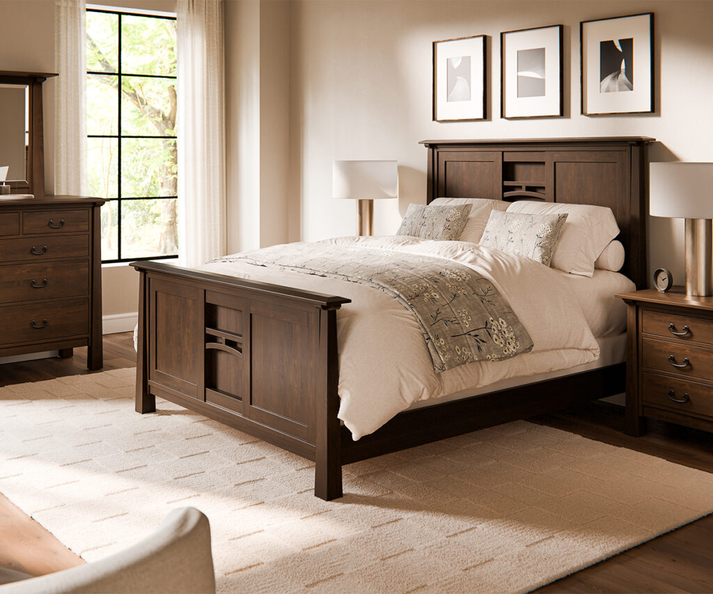 Bedroom set showcasing Amish furniture craftsmanship with solid wood bed and dressers.