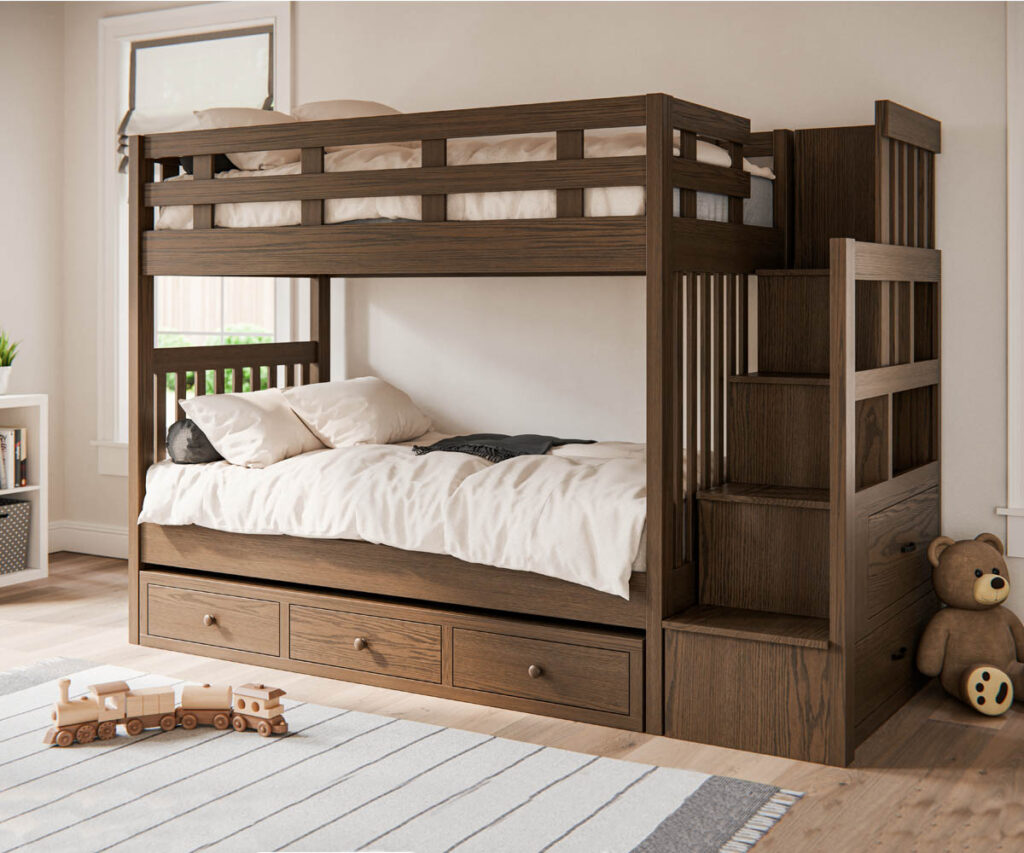 Children’s furniture bunk bed with storage drawers and stair steps in bright bedroom