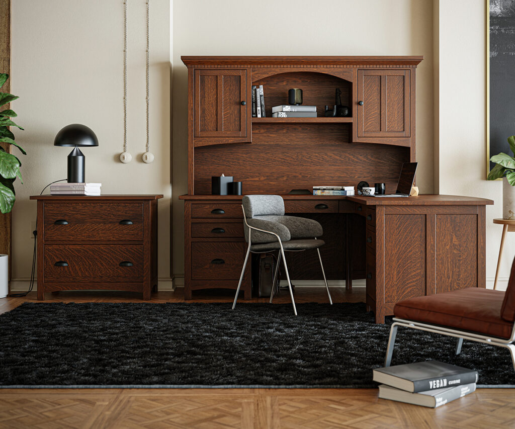 Quarter-sawn oak office set with hutch, L-desk, and file cabinet in dark stain.