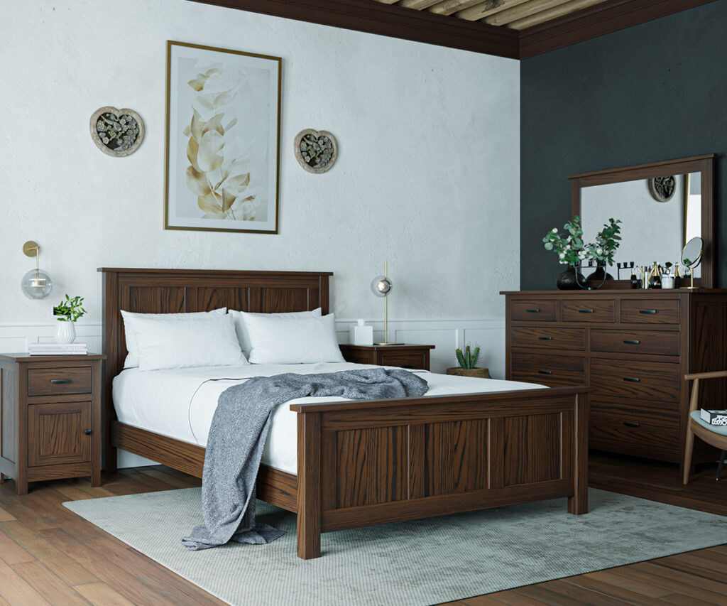 Red oak bedroom set with panel bed, nightstands, dresser in dark stain.