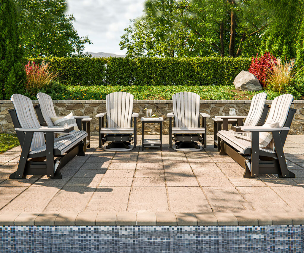 Can poly furniture be left out all year? Six Adirondack chairs on sunny patio.