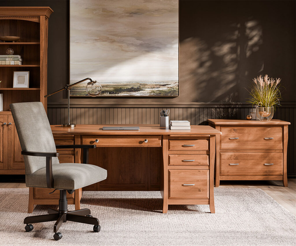 Wood office furniture set with desk, file cabinet, bookcase, and chair