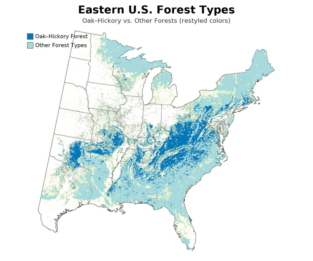 Map of Eastern U.S. oak-hickory forests showing major oak harvesting regions.
