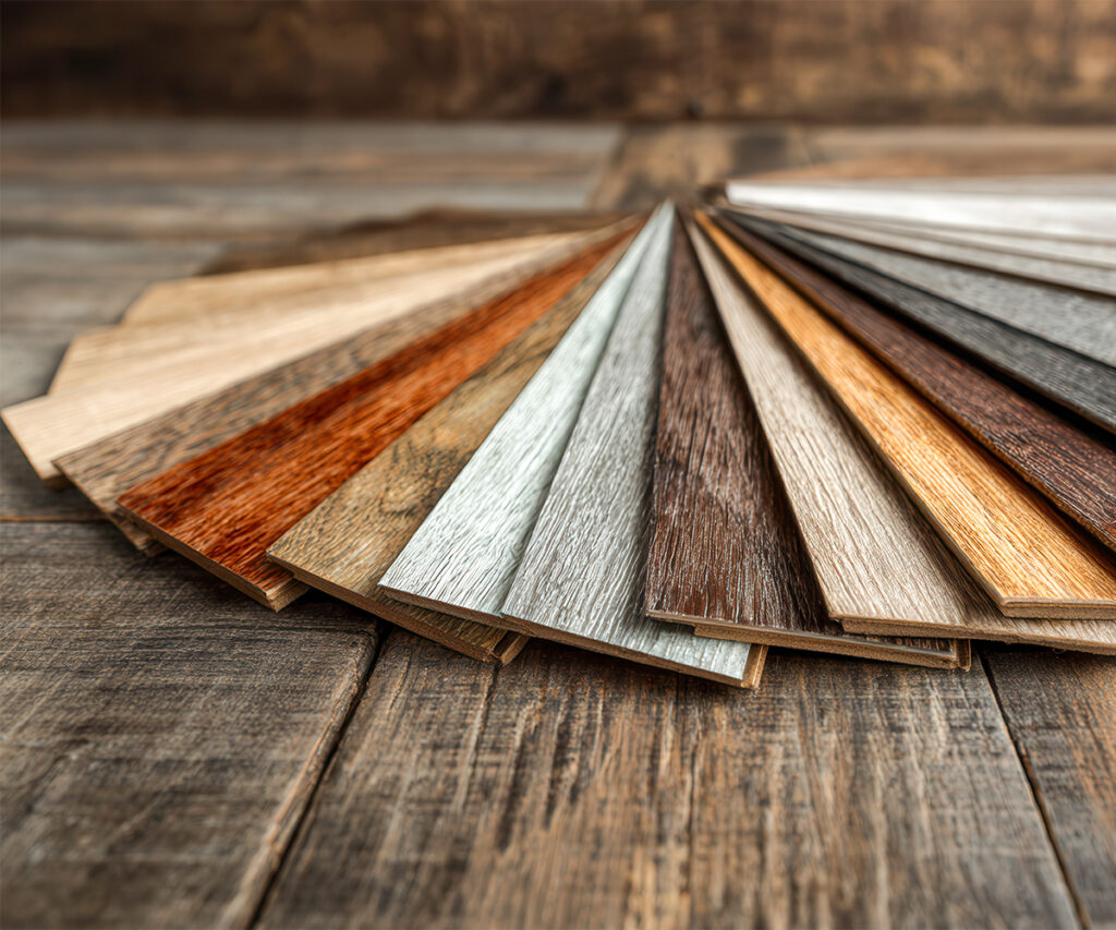 Custom furniture wood samples fanned out, showing multiple stain colors on rustic table.