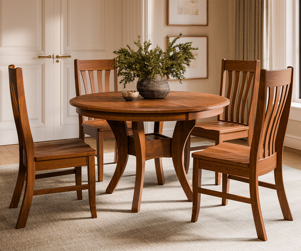 Round hardwood dining set—why more families are choosing Amish furniture.