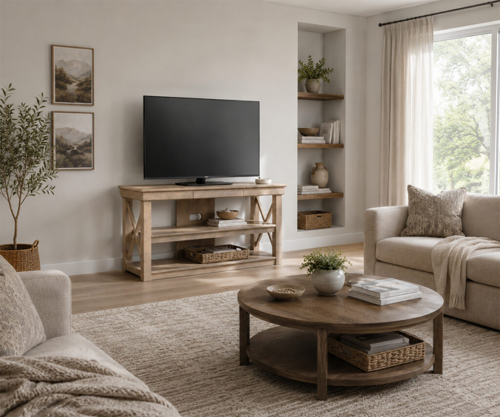 Living room furniture with TV console, round coffee table, sofa, and shelves